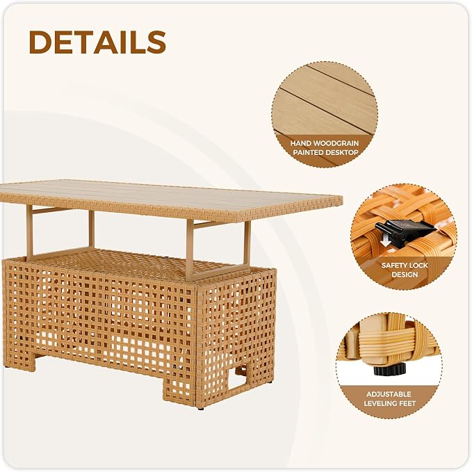 Grand patio 7-Piece Patio Wicker Furniture Set with Lift Top Coffee Storage Table, Outdoor Conversation Set Sectional Sofa with Water Resistant Thick Cushions, Cream