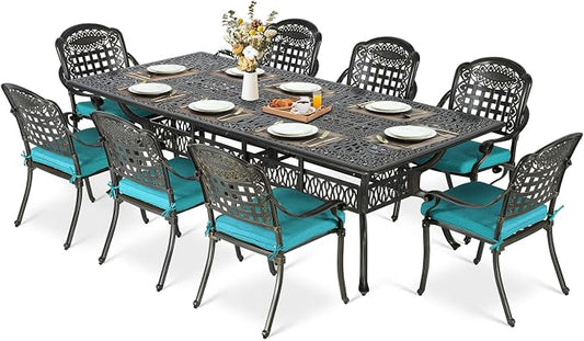 MEETWARM 9-Piece Outdoor Patio Dining Set for 8, All Weather Cast Aluminum Patio Funiture Table and Chairs Set- 94.5” Rectangular Table and 8 Cushioned Chairs for Garden, 2" Umbrella Hole, Ocean Blue