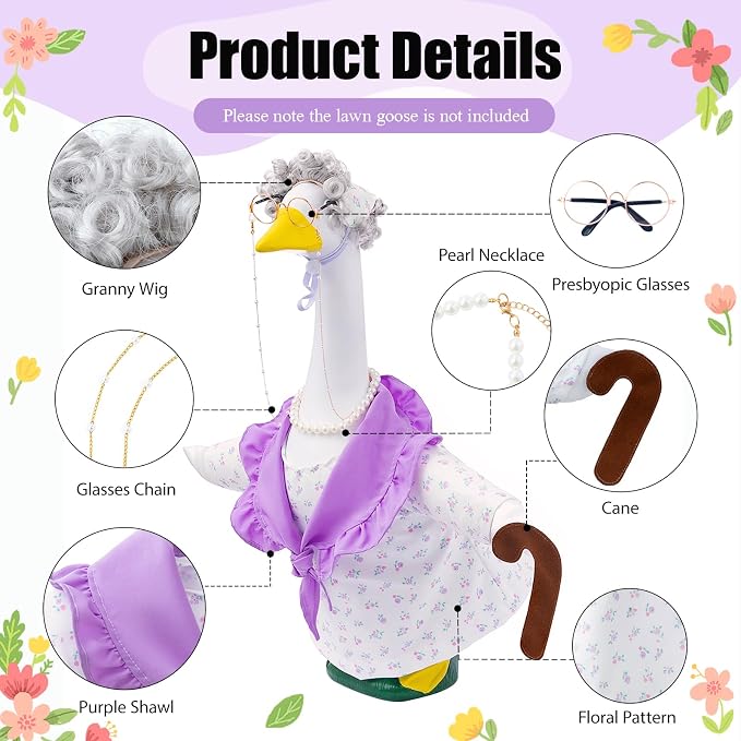 Old Lady Porch Goose Outfits with Floral Dress for 23" Cement Goose Statues | 23 inch Funny Concrete Goose Outfit Grandma Costume with Wig Glasses Cane for Lawn Yard Garden Patio Decor(Hyacinth Floral)
