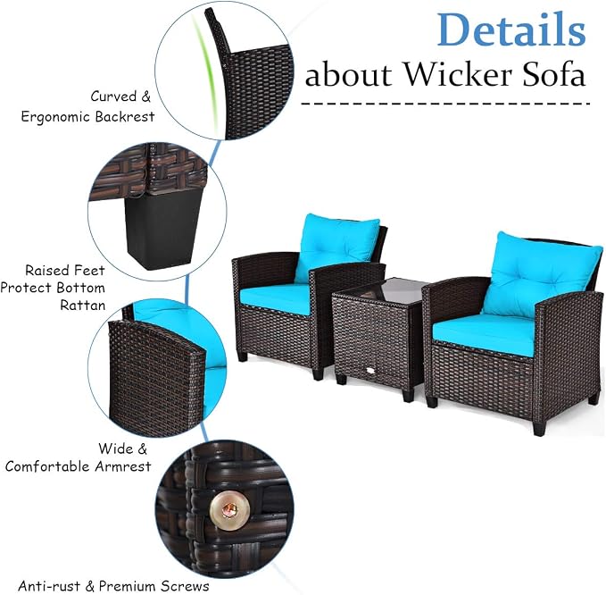 Tangkula 3 Pieces Patio Furniture Set, PE Rattan Wicker 3 Pcs Outdoor Sofa Set w/Washable Cushion and Tempered Glass Tabletop, Conversation Furniture for Garden Poolside Balcony (Turquoise)