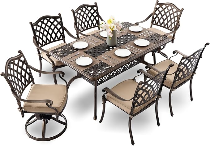 7-Piece Cast Aluminum Outdoor Dining Set, Antique Bronze Patio Furniture for 6 Includes 60" Rectangular Dining Table, 4 Stackable Chairs & 2 Swivel Chairs with Cushions & Umbrella Hole
