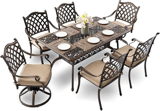 7-Piece Cast Aluminum Outdoor Dining Set, Antique Bronze Patio Furniture for 6 Includes 60" Rectangular Dining Table, 4 Stackable Chairs & 2 Swivel Chairs with Cushions & Umbrella Hole