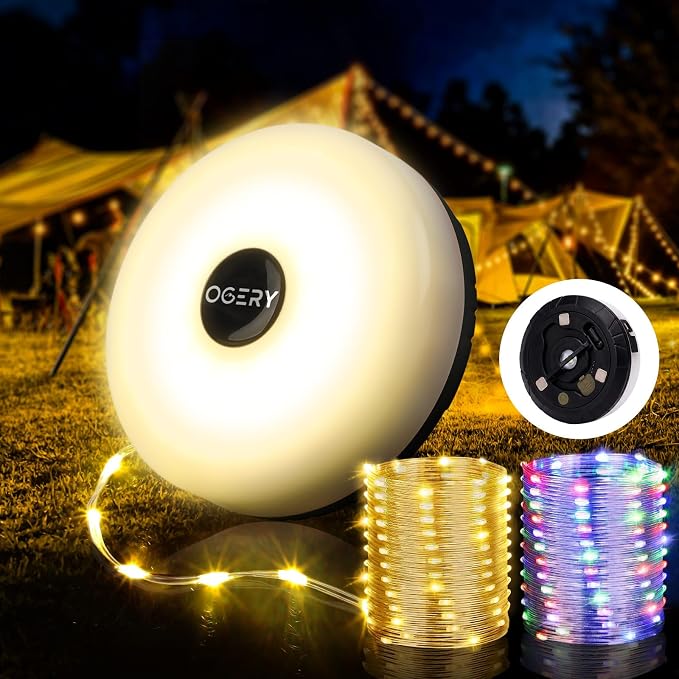 Camping String Lights 4 in 1, 32.8FT Quick Storage 8 Modes Protable | Rechargeable Fairy Tent Lights String , Hanging Waterproof LED Lamp for Outdoor Indoor Patio Awning Decor Camping Essentials