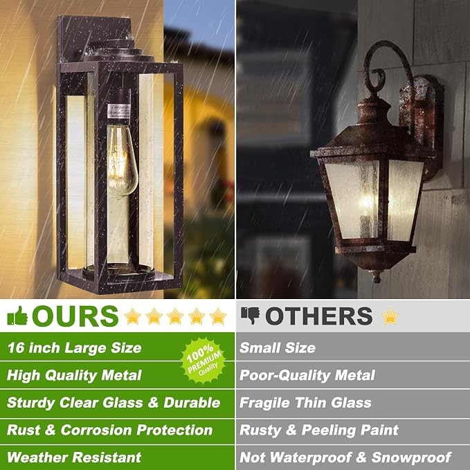 FILIYANO 16in Large Outdoor Wall Lights for House, Oil Rubbed Bronze,2 Pack | Anti-Rust, Waterproof, Brown Exterior Lanterns with Clear Glass, Modern Farmhouse Sconces for Garage, Porch, Front Door