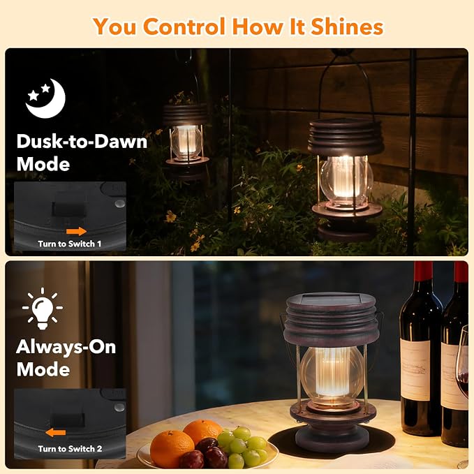 Solar Lanterns Outdoor Hanging Lights Patio Decor, Upgraded Dual Solar & USB Charging, Adjustable Light Sensor, Retro Decorative Table Lamp Waterproof, Indoor Outdoor Garden Patio Yard Decoration
