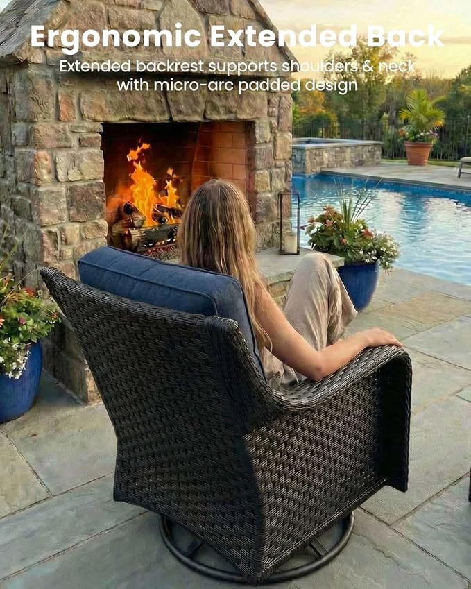 7 Pieces Outdoor Furniture Set with 6-inch Cushions, High Back Wicker Swivel Rocker Chairs with Fire Pit Table, Luxury Conversation Set for Deck Patio and Poolside