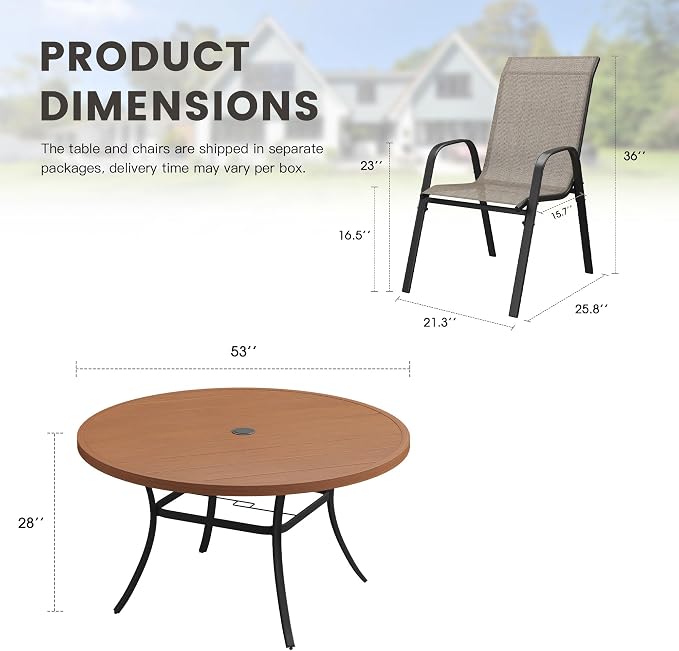 9 Pieces Outdoor Dining Set, 53" Round Table with Umbrella Hole & Stackable Patio Dining Chairs, Patio Table and Chairs Set for Deck Garden Porch, Brown Chairs & Walnut Table