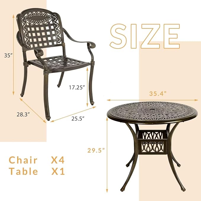 5-Piece Outdoor Patio Dining Set, All-Weather Cast Aluminum Patio Furniture Table and Chairs Set with 2" Umbrella Hole, 35.4" Round Table and 4 Chairs for Backyard Garden Deck