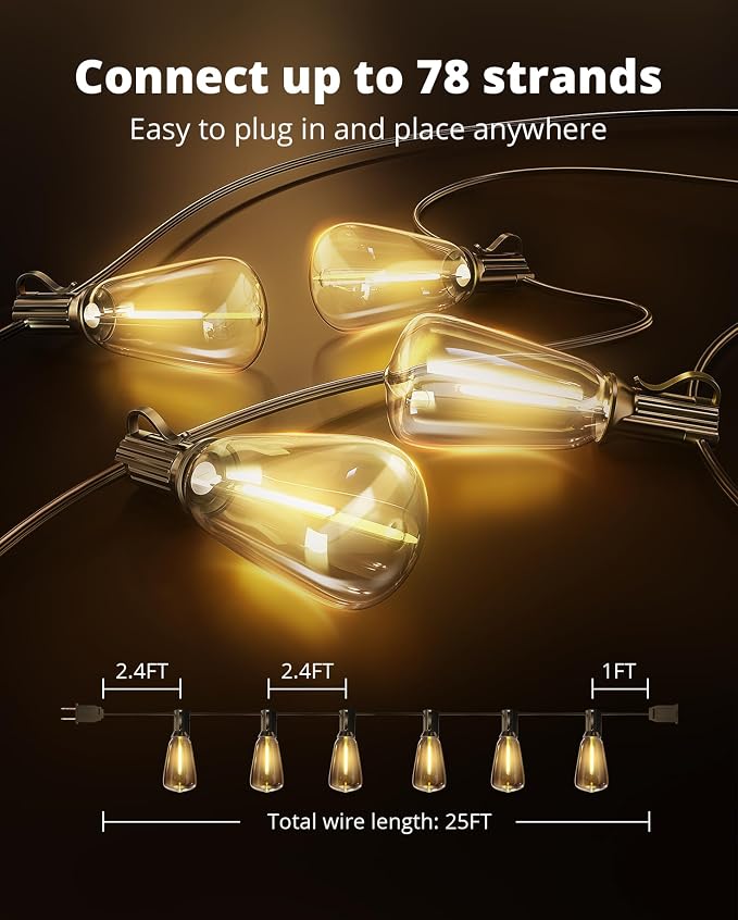 VIPAR Outdoor String Lights,25FT LED Patio Lights Waterproof 11 ST38 Bulbs | Shatterproof,Edison Outside Lights,Plug-In,2700K Dimmable, Connectable, Hanging Light for Porch Garden Backyard Deck Balcony