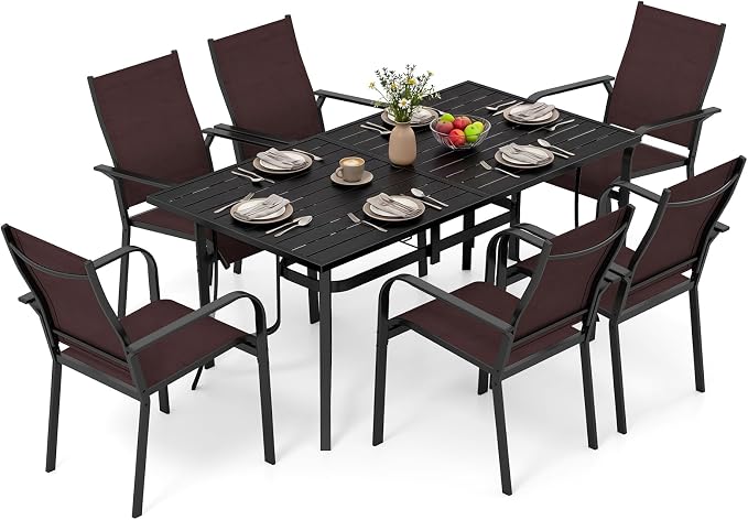 Tangkula 7 Pieces Patio Dining Set for 6, 63” x 33” Outdoor Rectangle Metal Table with Umbrella Hole & 6 Stackable Breathable Mesh Armchairs, Outside Furniture Set for Backyard, Garden & Porch (Brown)
