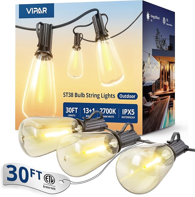 VIPAR Outdoor String Lights, 30FT LED Patio Lights Waterproof 14 ST38 Bulbs | Shatterproof,Edison Outside Lights,Plug-In,2700K Dimmable, Connectable, Hanging Light for Porch Garden Backyard Deck Balcony