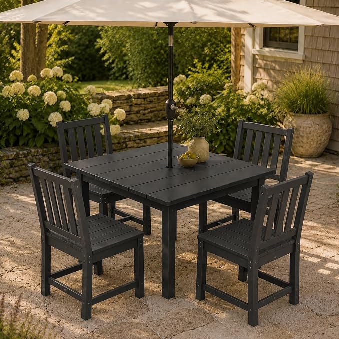 HDPE Outdoor Dining Set for 4, Square Table & Chairs Set | • All-Weather Polywood Composite • 410 lbs Heavy-Duty Support • Built-In 2" Umbrella Hole • Easy Soap-Water Wash