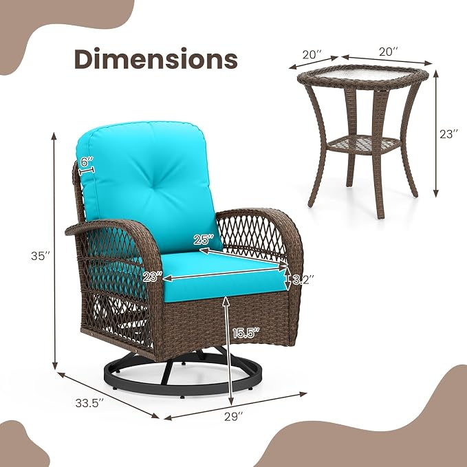 HAPPYGRILL 3 Pieces Patio Furniture Set Outdoor Rattan Swivel Rocker Chairs with Side Table, Outside Sectional Conversation Set with Swivel Rocking Chairs for Deck Porch Garden (Turquoise)