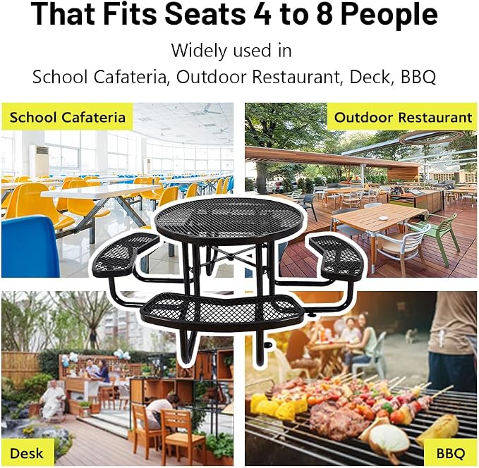 46" Thermoplastic Picnic Table with Umbrella Hole up to 1.5", Heavy Duty Commercial Picnic Table for Outdoor, Family & Party Ready for School Camping, Round, Black