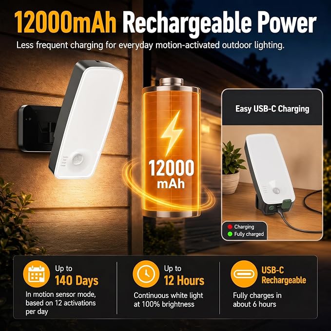 TANBABY Rechargeable Outdoor Wall Light with Motion Sensor, 1 Pack | 12000mah Wireless Security Light With Remote, 3 Modes, 3CCT Dimming, IP65 Waterproof Led Outdoor Lighting for Porch, Garage