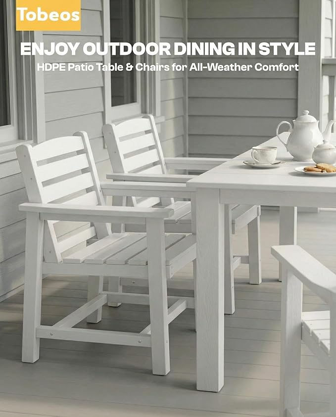 5-Piece Outdoor Dining Set with Aluminum Frame for 4,White | HDPE material, 2" umbrella hole, patio table and chairs, ideal for yard, lawn, garden, balcony, deck, poolside