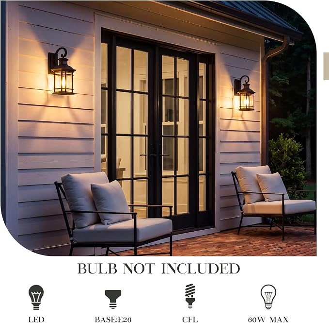 Emliviar Motion Sensor Outdoor Wall Lamp, Exterior Wall Sconce Light Fixture with Seeded Glass, Black Outside Porch Lights for Garage, Patio, 2084B-SE BK