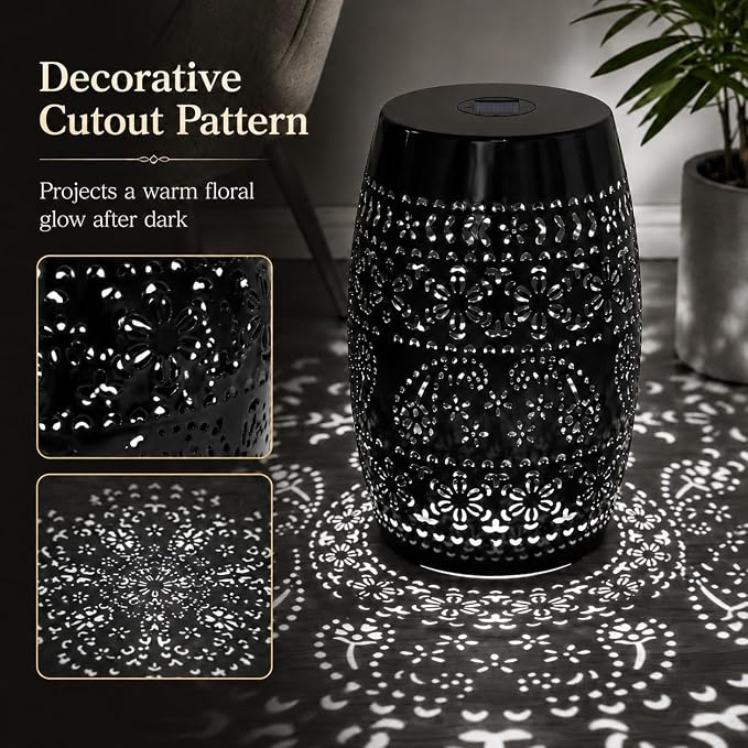 12" Outdoor Solar Side Table, Decorative Cutout Metal Round Side Table, Multi Functional - Coffee Table, Night Stand, Plant Stand for Patio, Garden, Backyard, Gazebo Indoor (Black)