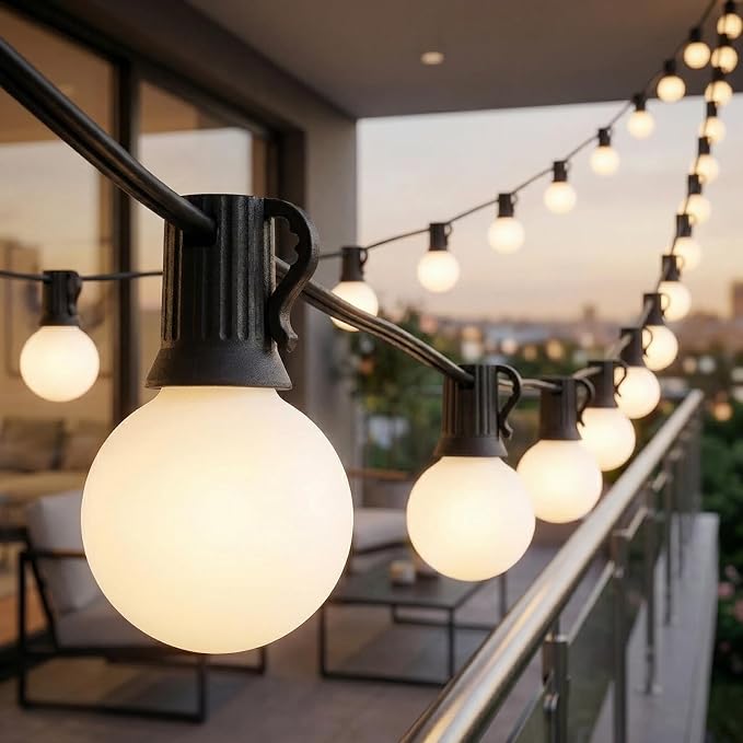 G40 Outdoor Frosted String Lights, 25FT, 25-Light, Black Wire | Soft Frosted Glow, IP44 Weatherproof, 5W Glass Incandescent Bulbs, E12 Bases, 2 Spares, End-To-End Connectable, for Bistro