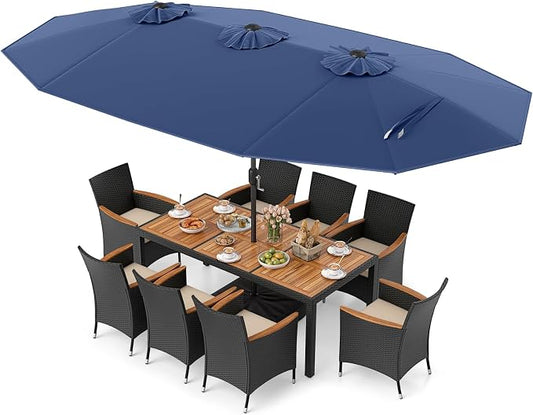 Tangkula 11 Piece Patio Wicker Dining Set w/Double-Sided Patio Umbrella, 8 Stackable Cushioned Chairs, 71" Acacia Wood Dining Table & 15 ft Umbrella with Weighted Base (Navy + Off White)