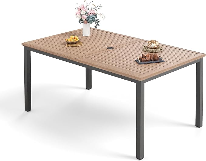 Sophia & William 6-person Metal Outdoor Patio Dining Table Rectangular, E-coating XLarge 63.8"L x 38.2"W Slat Tabletop, Adjustable Umbrella Hole 1.6"- 2", Patio Furniture for Porch Backyard Deck, Teak