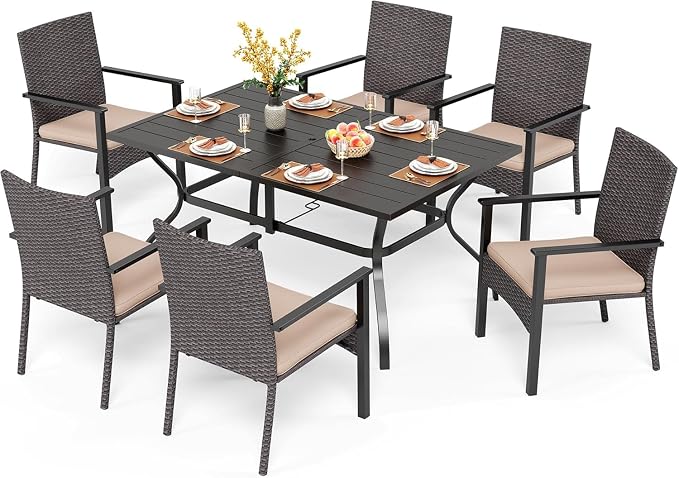 PHI VILLA 7 Piece Patio Dining Set, 60” Rectangular Table, Rattan Chairs | Outdoor Dining Set for 6, Metal Dining Table with Umbrella Hole, Wicker Chairs with Cushions for Patio, Deck, Porch