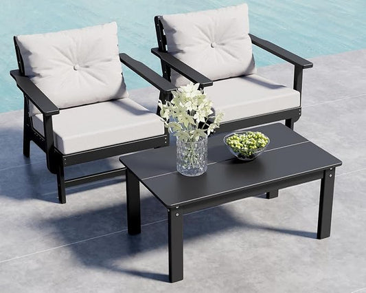 GREENVINES 3-Piece-Patio-Furniture-Set | HDPE Plastic | Outdoor Sectional Conversation Sets | All-Weather Couch | Sofa with Coffee Table | Detachable Armrests | for Deck Lawn | Black