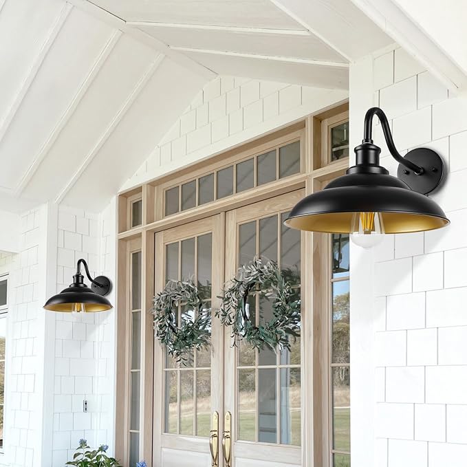 Outdoor Barn Light, 12'' Farmhouse Exterior Wall Mount Light, Outdoor Indoor Wall Sconce, Exterior Porch Lighting Fixture, Industrial Black Lantern for Entry Garage, 2 Pack