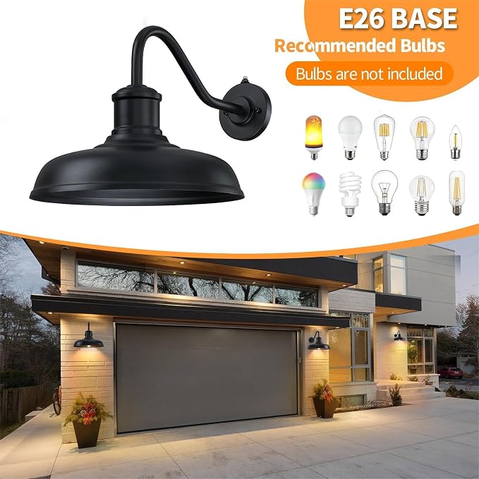 13.8'' Diameter Large Dusk to Dawn Outdoor Gooseneck Barn Light, 2 Packs | Outdoor Wall Sconce Farmhouse Exterior Lighting Fixture Industrial Outside Lantern for Porch, Patio, Garage, Black