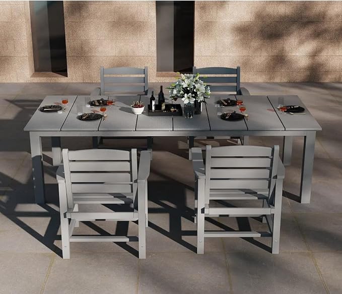 5-Piece Outdoor Dining Set with 75.2" Table for 4,Gray | HDPE material, umbrella hole design, weather-resistant furniture, perfect for garden, lawn, poolside, yard, balcony, deck
