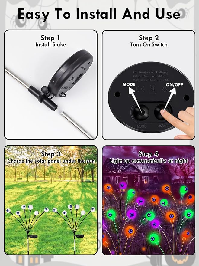 6 Pack Solar Halloween Decorations Outdoor 36 LED Solar Eyeball Lights | Orange Purple Green Halloween Lights, Sway by Wind, IP65 Waterproof, 2 Modes, for Pathway Garden Yard Lawn Horror Party Decor