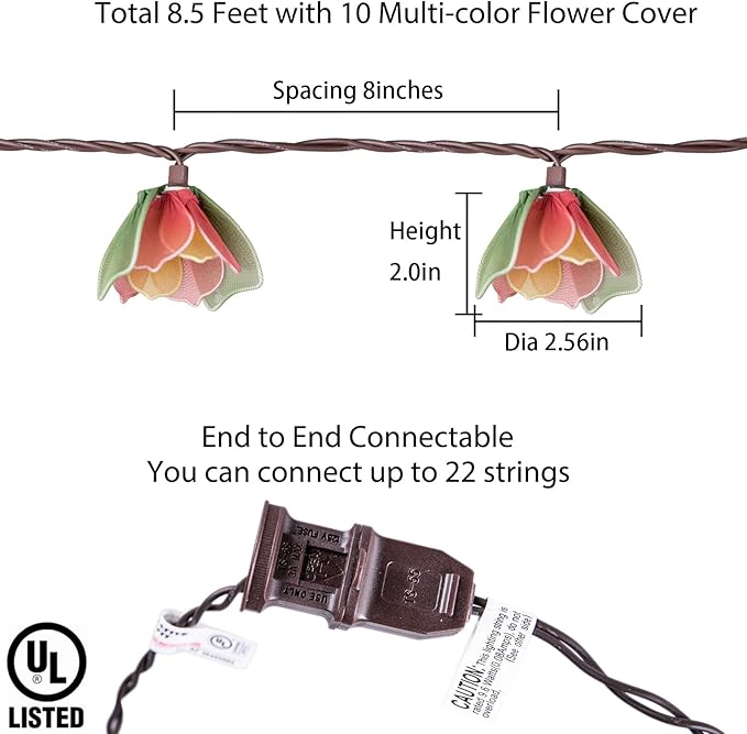 Decorative String Lights Plug in with 10 Bulbs, Flower Garland Fairy Lights Connectable Weatherproof Outdoor Indoor for Wedding Garden Pergola Bedroom Porch Floral Home Decor (Multicolor)