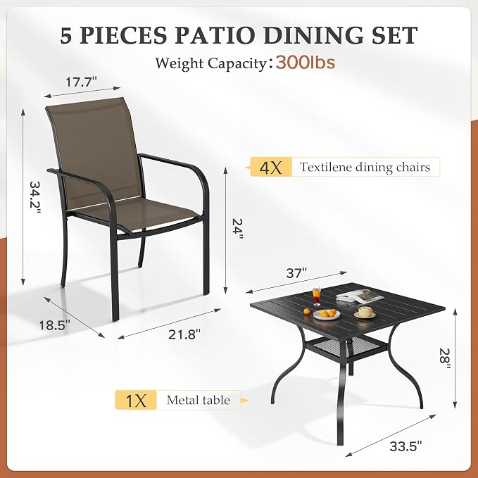 Incbruce 5 Pieces Patio Dining Set, Outdoor Dining Set of 4 Textilene Chairs and Square Table with Umbrella Hole for Backyard, Garden, and Poolside (Brown)