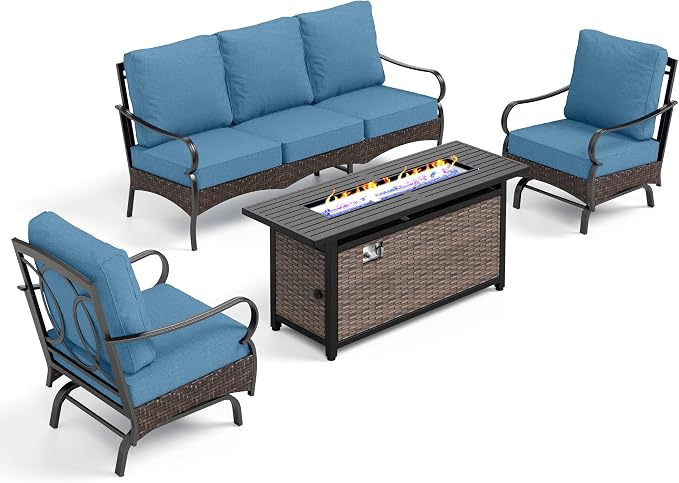 Patio Furniture Set with 56" Fire Pit Table, Premium Outdoor Wicker Metal Frame Furniture with Upgraded Waterproof Thick Cushions for Porch, Poolside, Deck, and Yard （4 Pieces,Navy