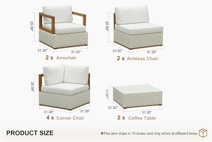 PURPLE LEAF Patio Outdoor Furniture Set 10 Pieces, Premium Leather Outdoor Couch Sectional Sofa, Patio Couch with Olefin Cushions, Patio Conversation Sets for Porch, Balcony, Garden, White