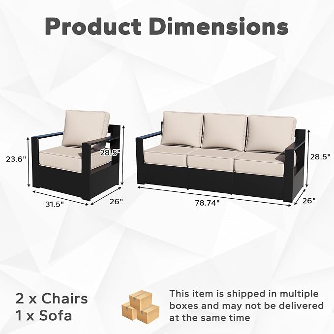 Outdoor Aluminum Furniture Set, 3-Piece Patio Conversation Set, 2 Chairs and 1 Sofa, All-Weather Metal Frame, 6" Thick Removable Cushions, Deep Setting for Garden, Poolside and Porch