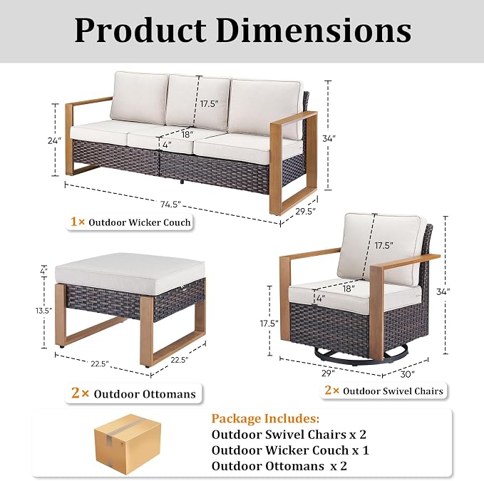 5-Piece Outdoor Patio Furniture Set with Swivel Chairs, All-Weather Wicker Sofa Set for Garden, Yard, Porch and Poolside Seating Beige