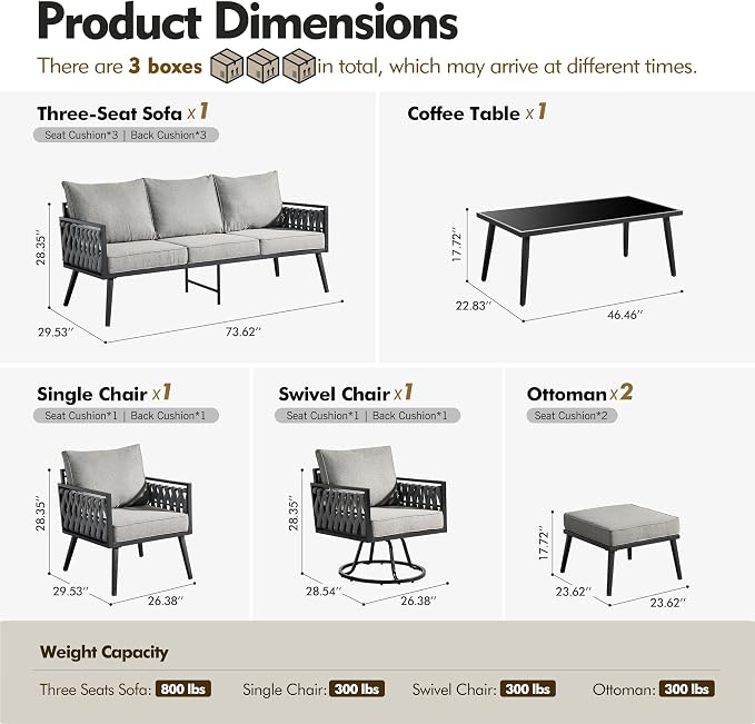 Outdoor Patio Furniture Set, 6-Piece Metal Conversation Furniture Sofa with Coffee Table, All Weather Patio Couch Sofa with Thick Cushions for Balcony Backyard,Dark Grey