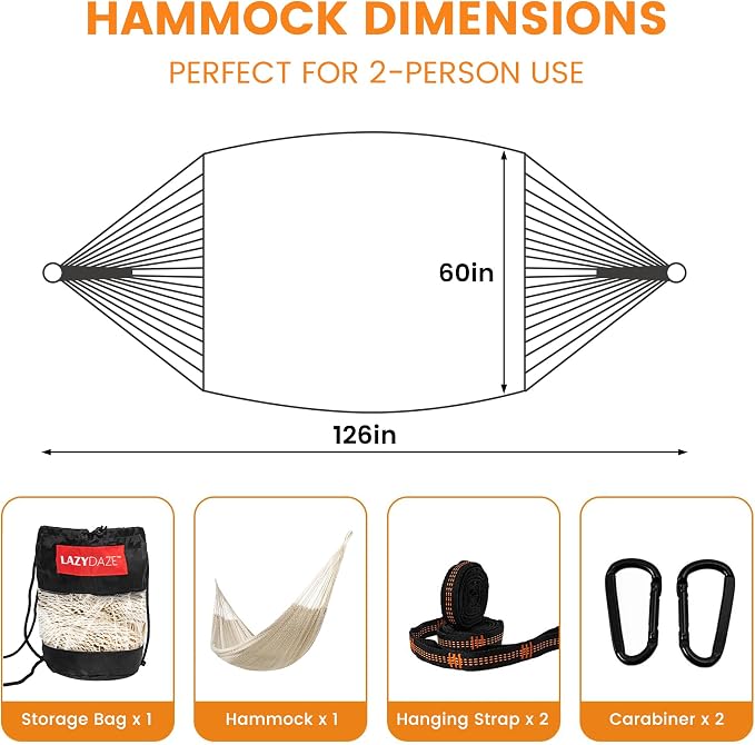 Lazy Daze Hammocks Handwoven XL Mayan Hammock, 10.5 FT Soft Rope Double Hammocks, Portable Outdoor Hammock with Carry Bag, 2 Straps & Carabiners for Patio Outside, 550 lbs Weight Capacity, Natural