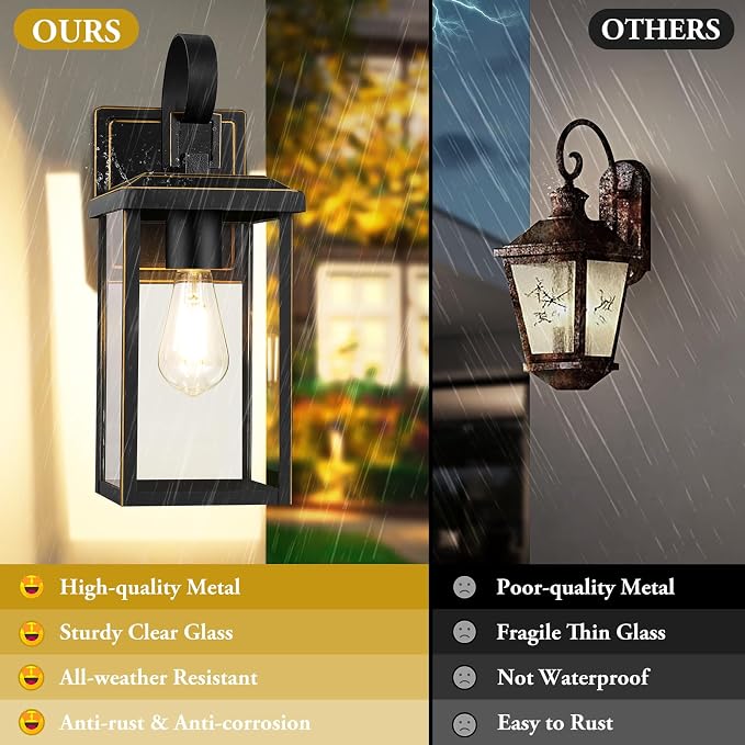 BesLowe 2-Pack 15” Outdoor Wall Lights, Bronze Modern Porch Sconces | Waterproof, Rust-Resistant, Durable Metal with Clear Glass, Standard E26 Socket, Easy to Install