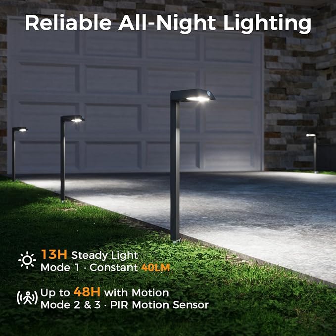 XMCOSY+ Solar Pathway Lights, 4 Pack Metal Motion Sensor Outdoor Lights | 300LM bright garden light for yard, backyard, driveway, walkway, 3 lighting modes, all-night lighting (warm/cool white)