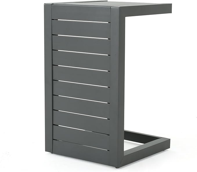 C-Shape Outdoor Side Table, Weather Resistant Aluminum Patio End Table, Slatted Design C Table for Sofa, Couch, Poolside, Balcony, Dark Gray