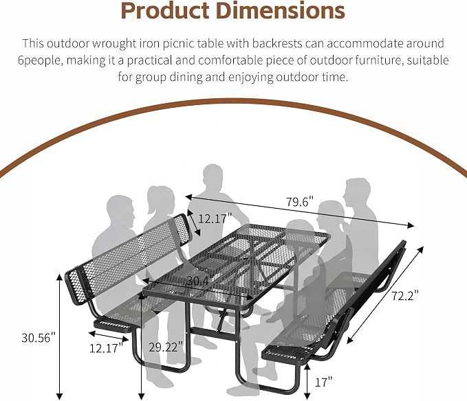 72" Rectangular Metal Picnic Table with Backrest, Commercial Steel Picnic Tables with 1.73" Umbrella Hole, Heavy Duty Picnic Tables for Outdoor Garden Courtyard BBQ, Black