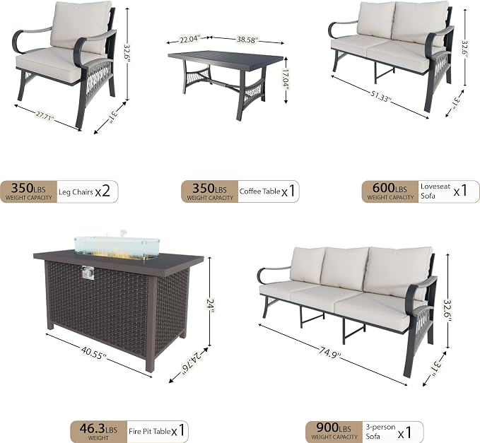 6 Pieces Patio Furniture Set, Metal Outdoor Conversation Sets with Fire Pit Table for Backyard Garden Deck Porch Poolside (Thick Beige Cushions)