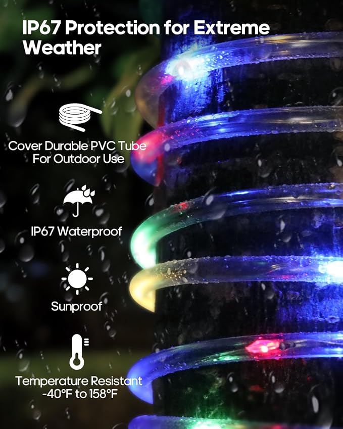 ICRGB Solar Rope Lights Outdoor, 132FT 400 LED (Multi-Colored- 2Pack) | Type C & Solar, With Remote, IP67 Waterproof, 8 Modes, for Trampoline Camping Tent Patio Porch Garden Christmas