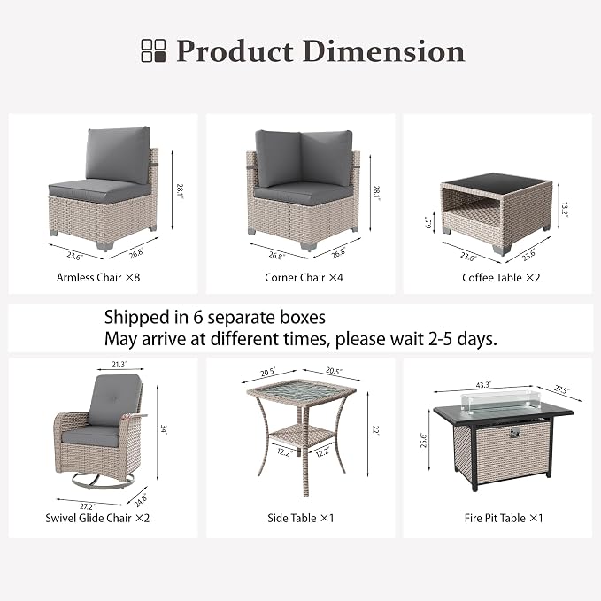 18 Pieces Patio Furniture Set with Fire Pit Table, Outdoor Sectional Wicker Sofa with Thick Cushions, High Back Swivel Rocker Patio Chairs, Rattan Conversation Set with Coffee Table, Grey