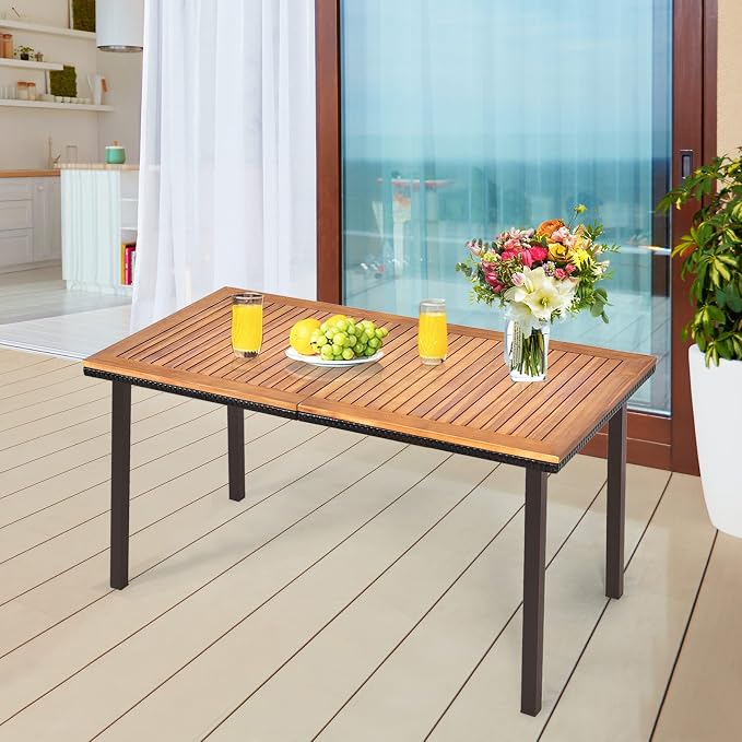 RELAX4LIFE Outdoor Dining Table for 6-8, Acacia Wood Slatted Patio Table w/Umbrella Hole, Wicker Edging, Rust-Proof Steel Legs, Rectangle Outdoor Patio Table for Deck Backyard Pool Side Relaxation