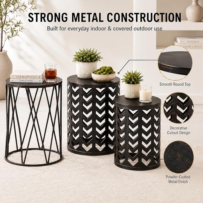 Y&M Set of 3 Black with Bronze End Tables, Nesting Metal Round Coffee Table, Heavy Duty Metal Plant Stand Garden Stool, Outdoor Multifunctional Use