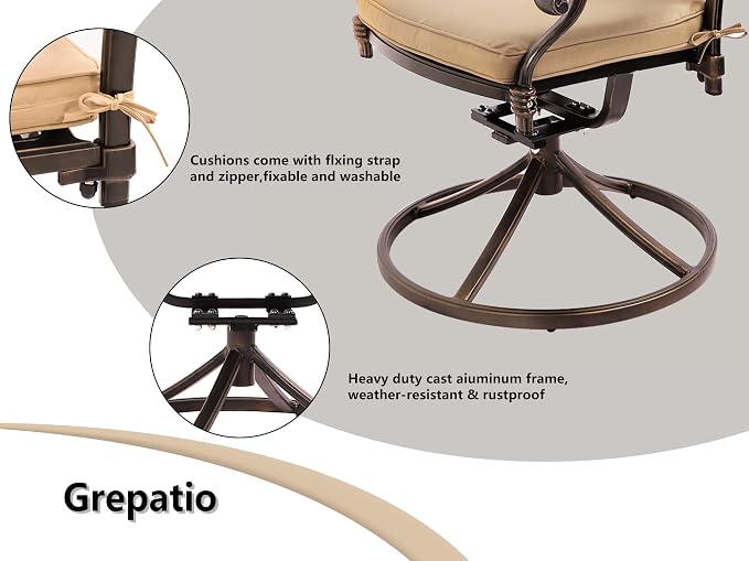 Grepatio 9 Piece Cast Aluminum Patio Furniture Set Outdoor Dining Set Bistro Furniture Set with 8 Swivel Chairs and Dining Table with Umbrella Hole, Cushions for Backyard Garden Poolside (Khaki)