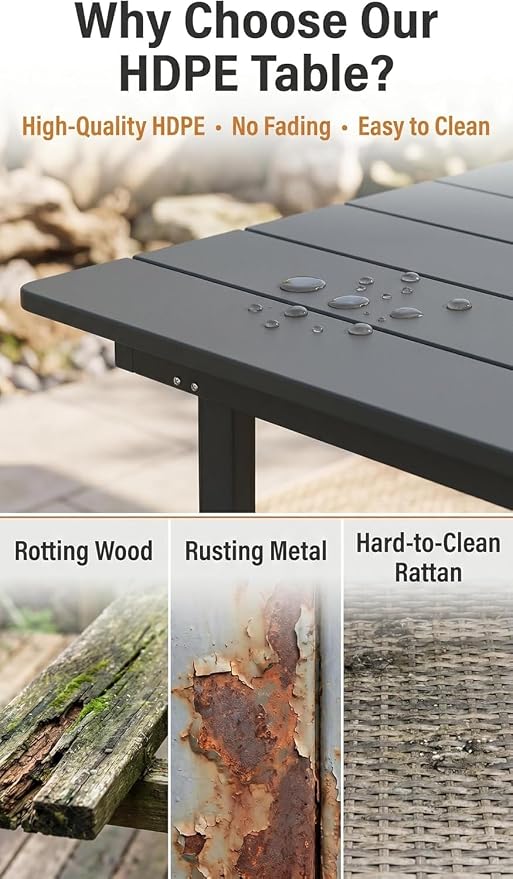Amopatio HDPE Patio Outdoor Dining Table for 6 All Weather Rectangular Table with Umbrella Hole for Porch Deck Garden Backyard Poolside